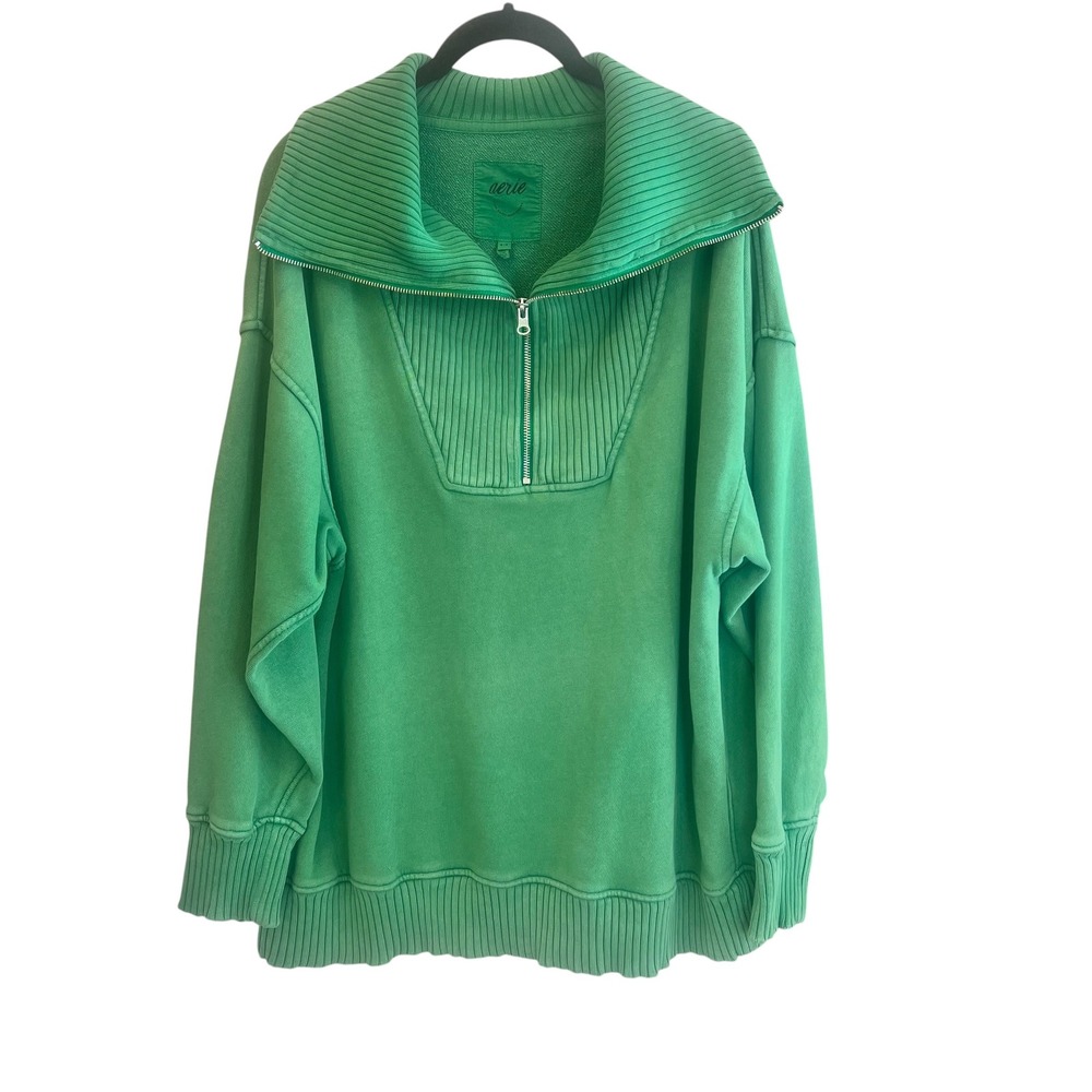 aerie Emerald Green Ribbed Funnel-Neck Half-Zip Pullover
